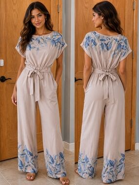 SHEIN Beige Jumpsuit with Blue Floral Print